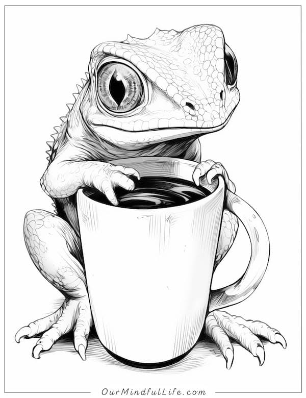 Lizard with coffee coloring page