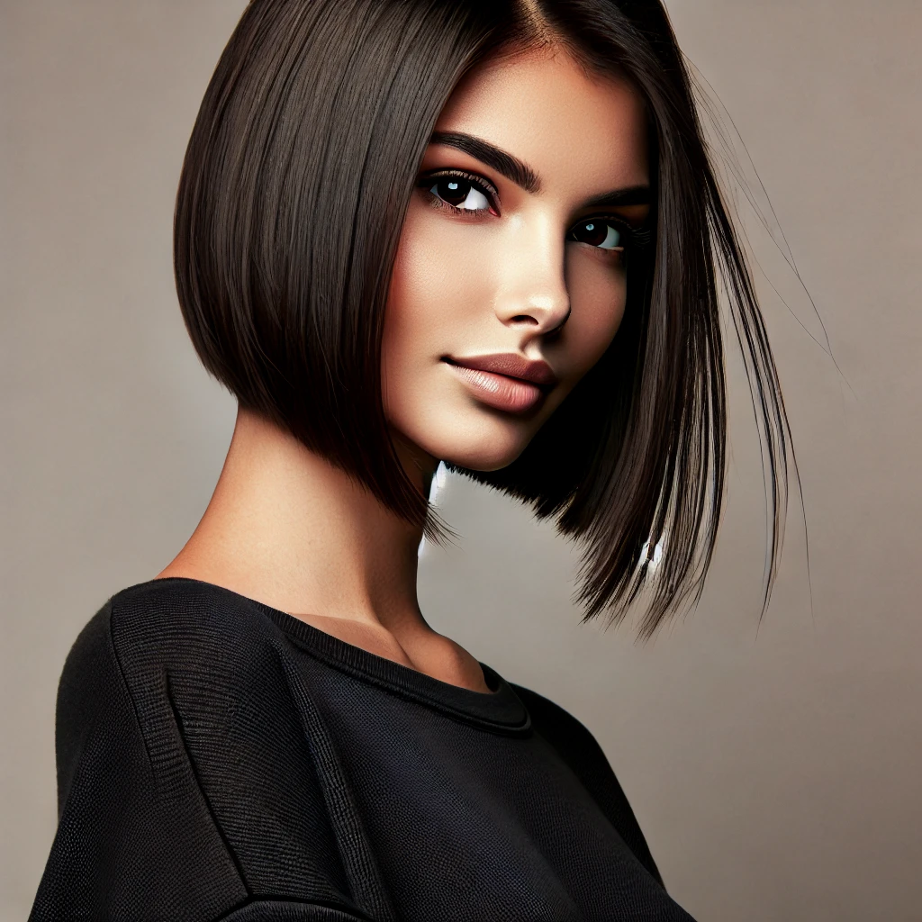 Woman with a sleek short inverted bob haircut, chin-length with a shorter back and longer front.