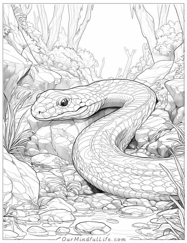 Snake in a tiny stream coloring page