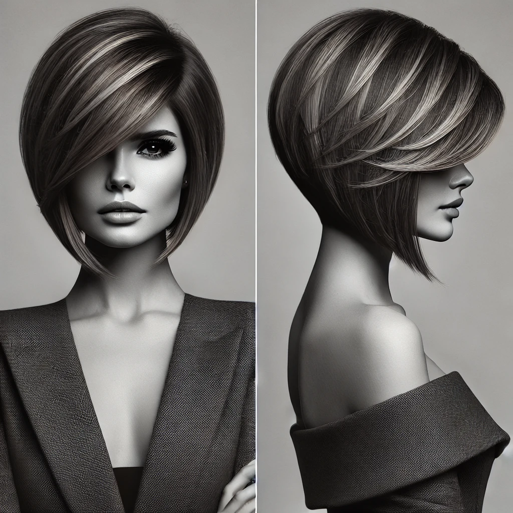 Woman with a stacked inverted bob haircut, featuring pronounced layers at the back and longer front sections for a bold, structured look