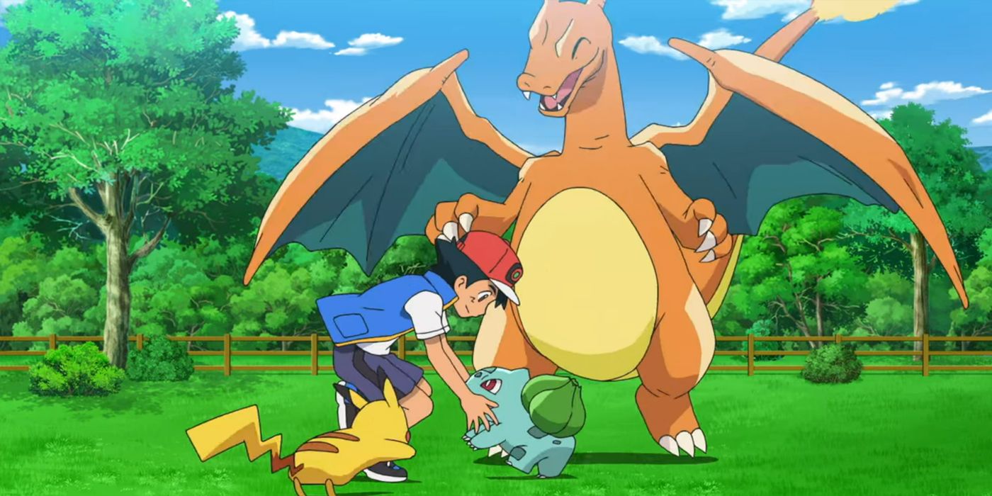 Ash reunites with Charizard, Pikachu, and Bulbasaur as all of them are happy to see each other.