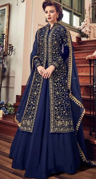 Navy blue and gold lehenga kurta design