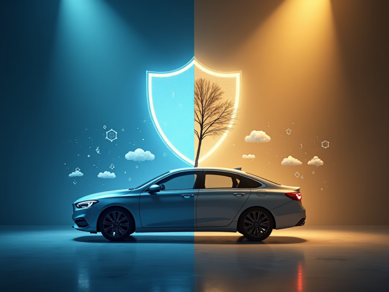 A car illuminated by a spotlight stands in front of a large shield symbol, representing comprehensive car insurance. Clouds and molecular structures float around the car.