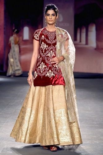 red velvet and gold lehenga kurta design