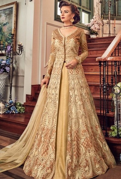 golden full-length lehenga kurta design