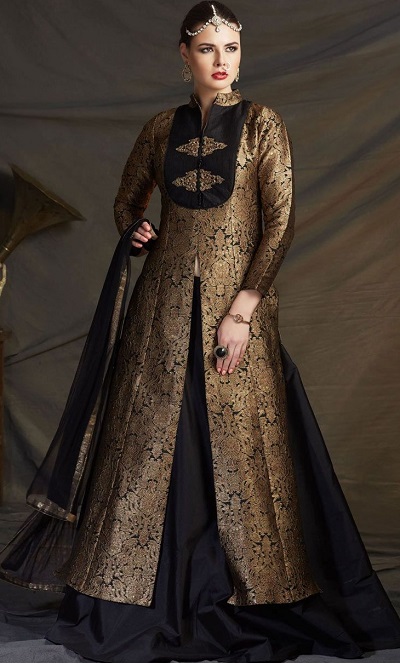 Golden Brocade slit kurta with black Lehenga