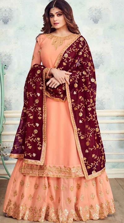 peach and maroon lehenga kurta design