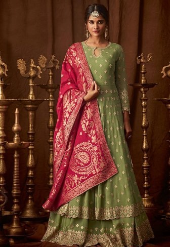 Long Anarkali Georgette green and red lehenga kurta design