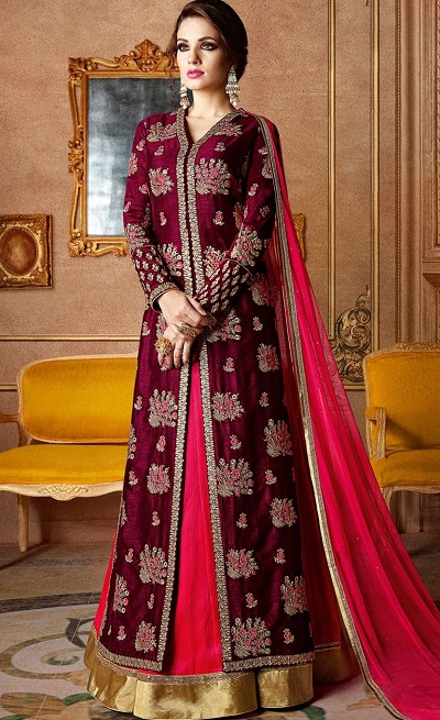 maroon and pink lehenga kurta design