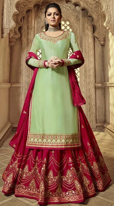 mint green and maroon lehenga kurta design