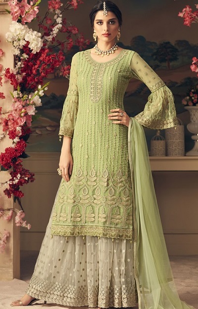 Pastel green kurta with Beige Net Lehenga