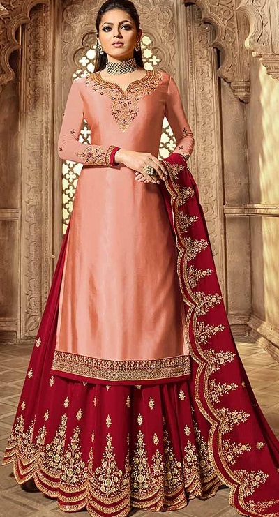 peach and maroon lehenga kurta design