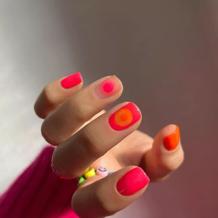 Pink, Coral, and Orange Circle Nails