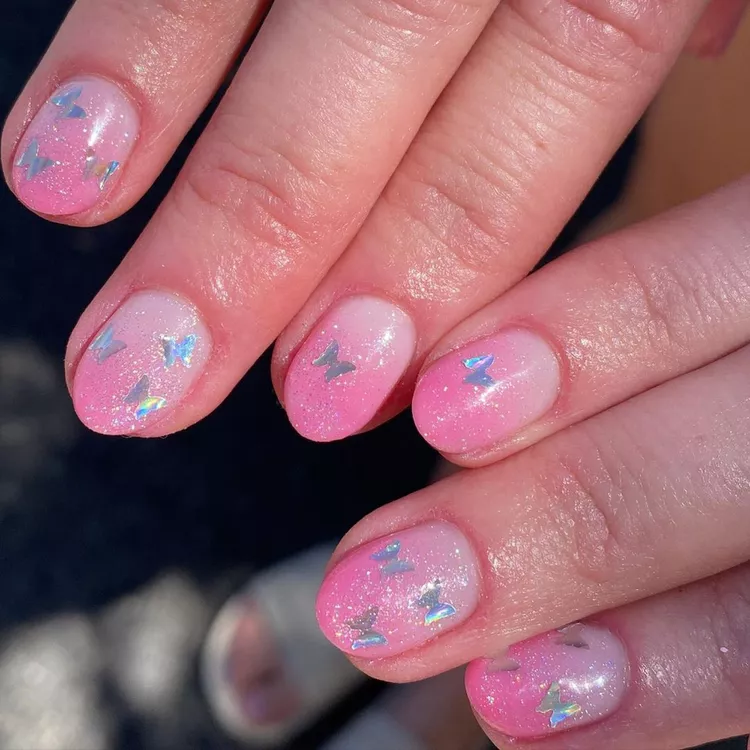 Pink Ombré Holographic Butterfly Nails