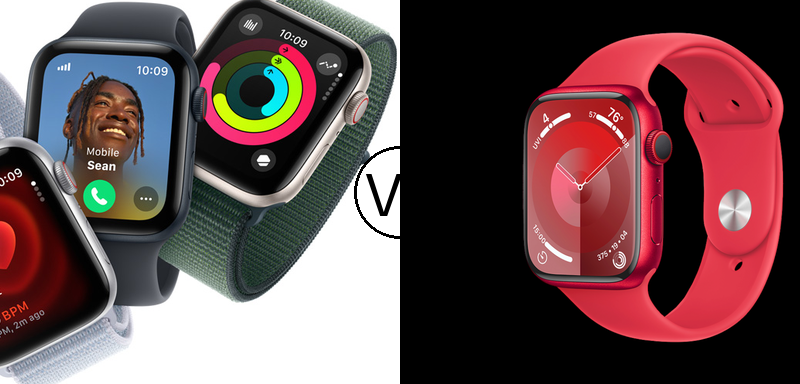 A comparison of the Apple Watch SE and Apple Watch Series 9, showcasing their design, display, and key features.