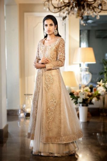 beige-gold long kurta paired with a lehenga