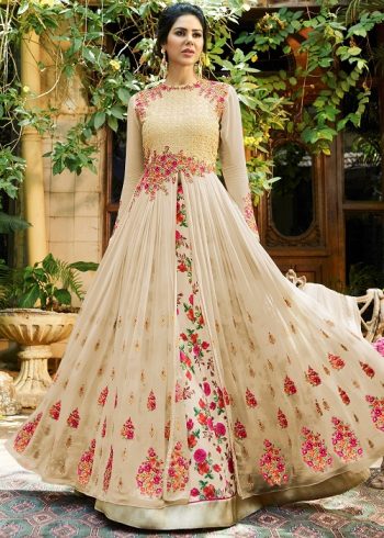 beige and floral embroidered lehenga kurta