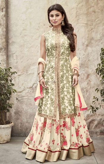 green and cream floral lehenga kurta design