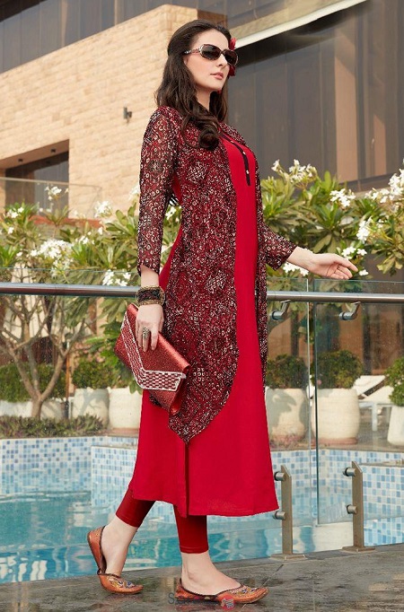 Printed Shrug with Red Kurti