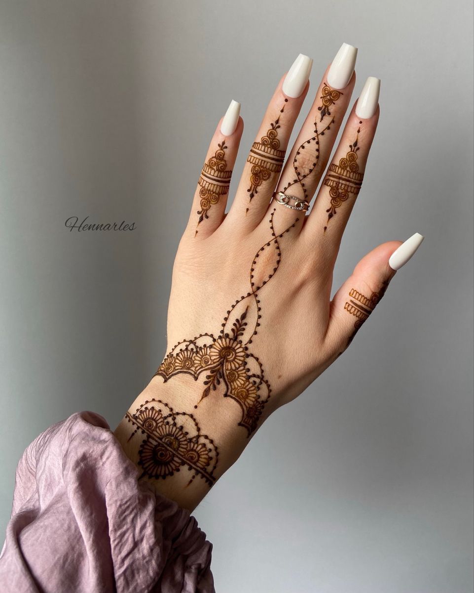 Minimalist Mehndi design with delicate finger detailing and floral wrist pattern, perfect for modern brides and casual events.