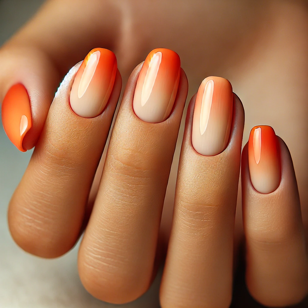 Short nails in varying shades of orange ombre