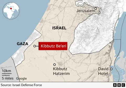 Map showing Kibbutz Be'eri and its location in relation to Kibbutz Hatzerim and the David Hotel - all in southern Israel