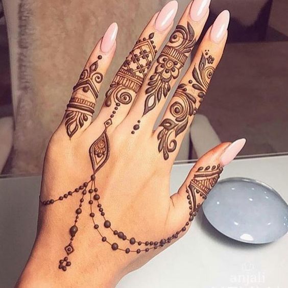 Elegant backhand Mehndi design featuring delicate florals, geometric finger details, and decorative chain patterns, ideal for weddings and special occasions