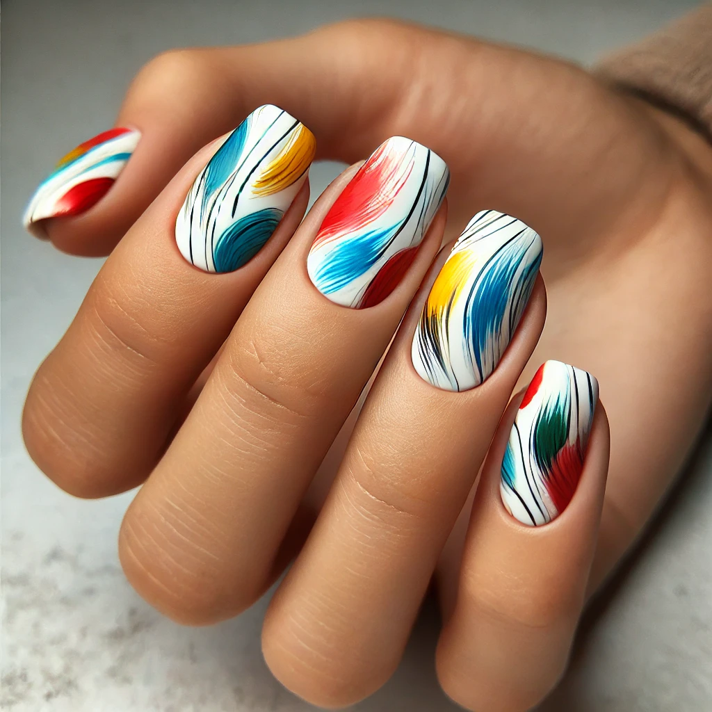 Short nails with abstract strokes in bold colors on a white base