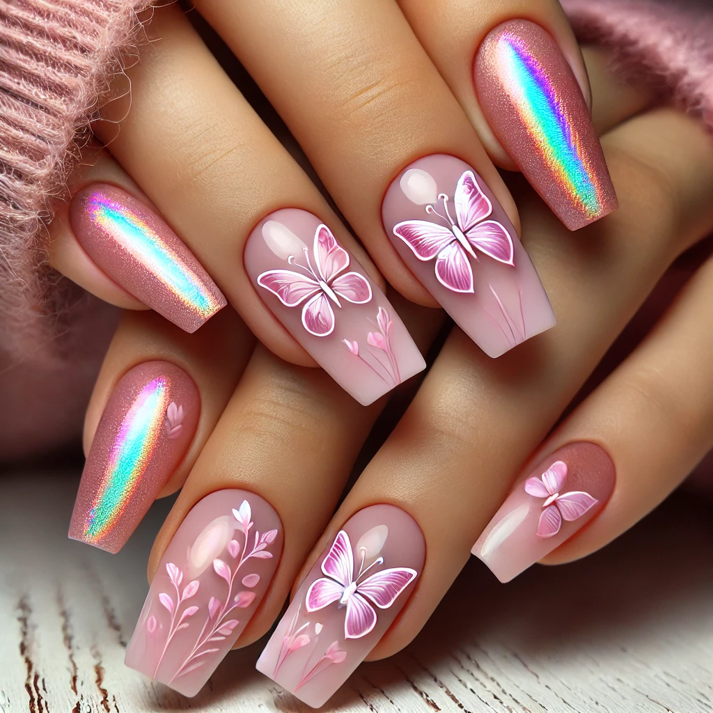 Short nails with pink airbrushed design and holographic butterflies