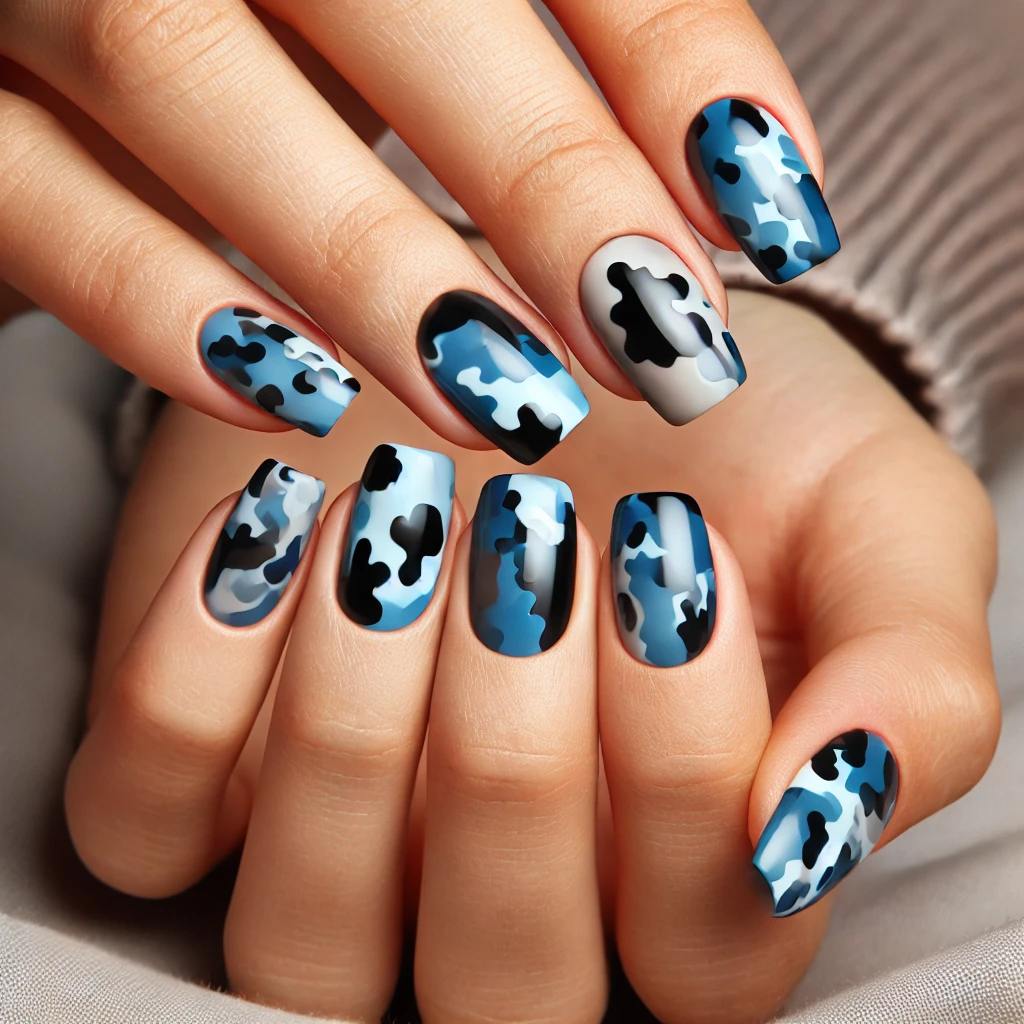 Short nails with a blue camouflage pattern and black accents.