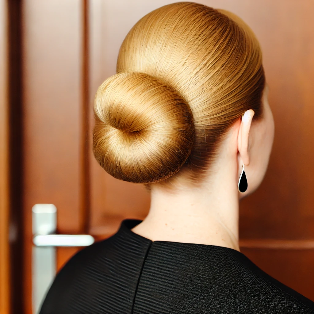 Classic chignon bun hairstyle for mother of the bride with blonde hair neatly twisted into a sleek bun at the nape of the neck, ideal for formal weddings