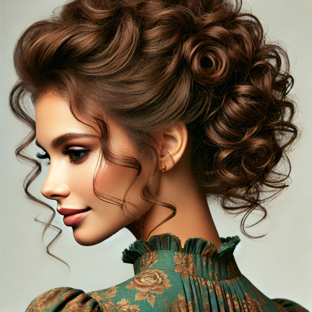 Classic curly updo hairstyle for mother of the bride with voluminous curls and loose strands, perfect for formal or traditional weddings