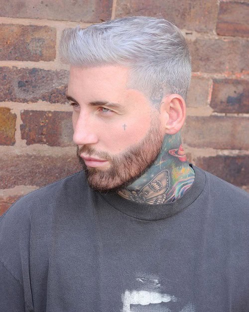 Man with a silver crew cut hairstyle, featuring a tapered fade and a beard, wearing a graphic t-shirt