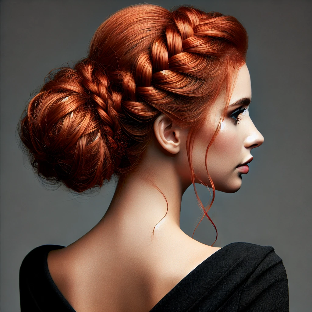 Elegant braided updo hairstyle for mother of the bride with red hair, intricate braids, and a voluminous bun, perfect for formal weddings