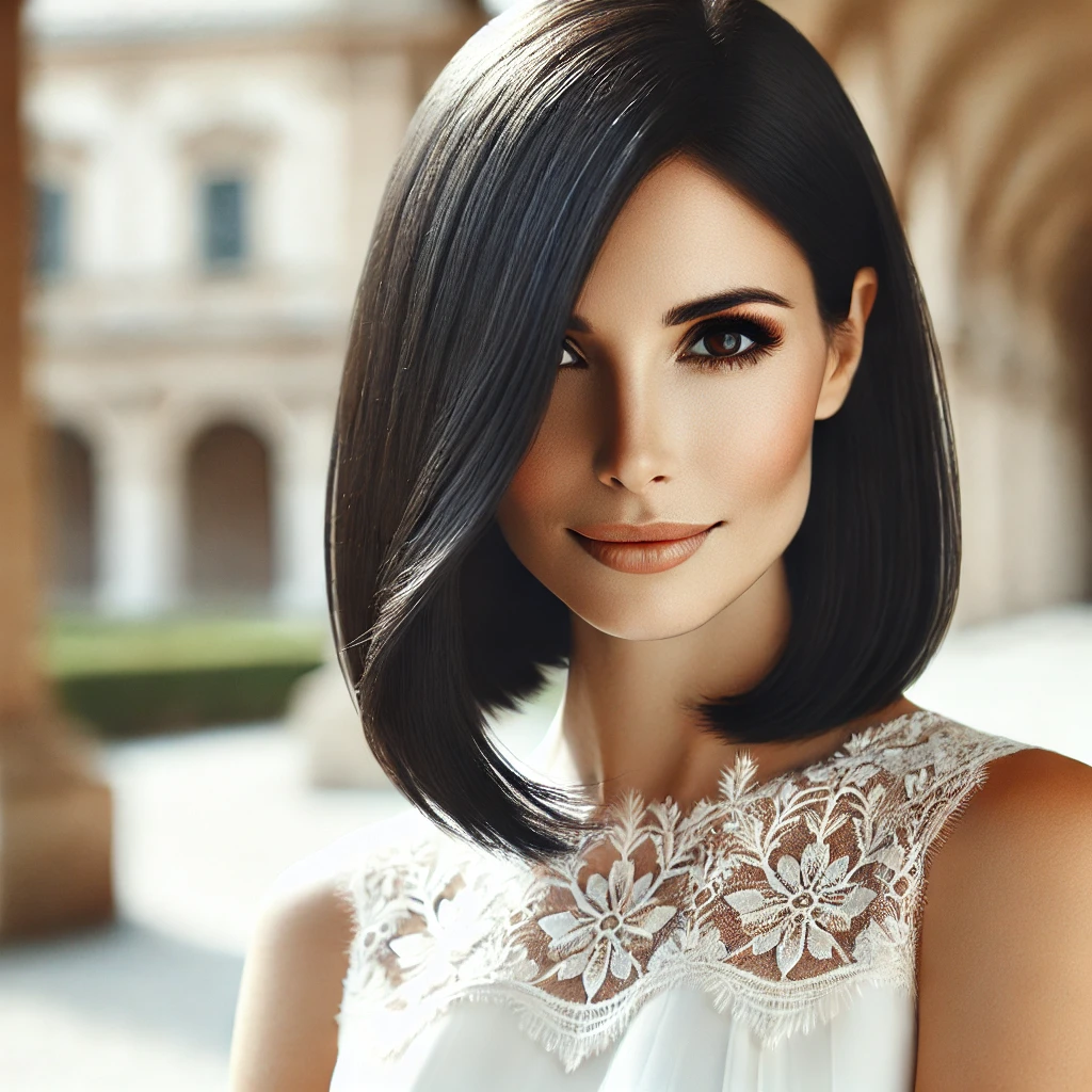 Sophisticated side-parted bob hairstyle for mother of the bride, sleek black hair with a soft curve towards the face, ideal for weddings