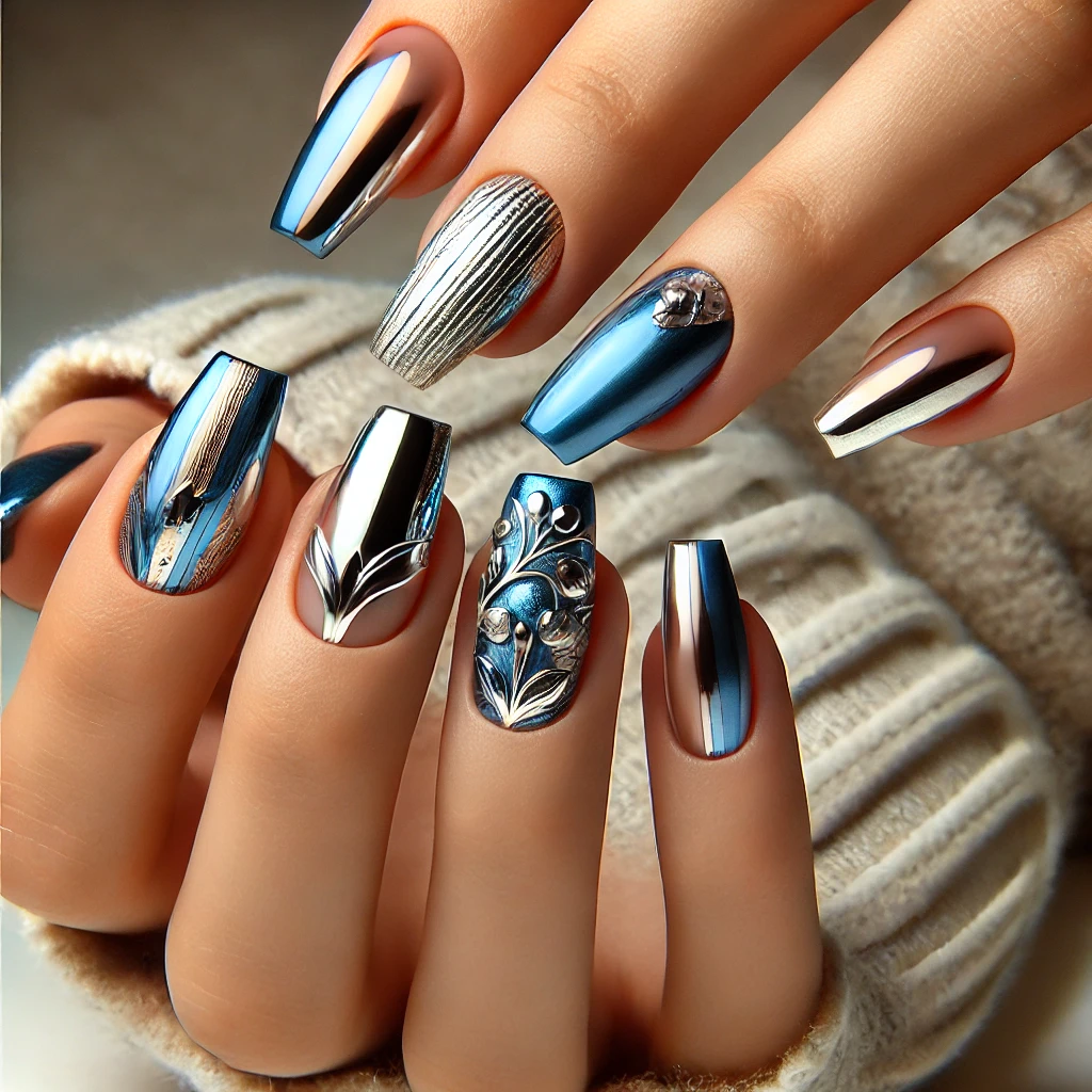 Short nails with blue and silver chrome nail art, featuring French tips and 3D textures