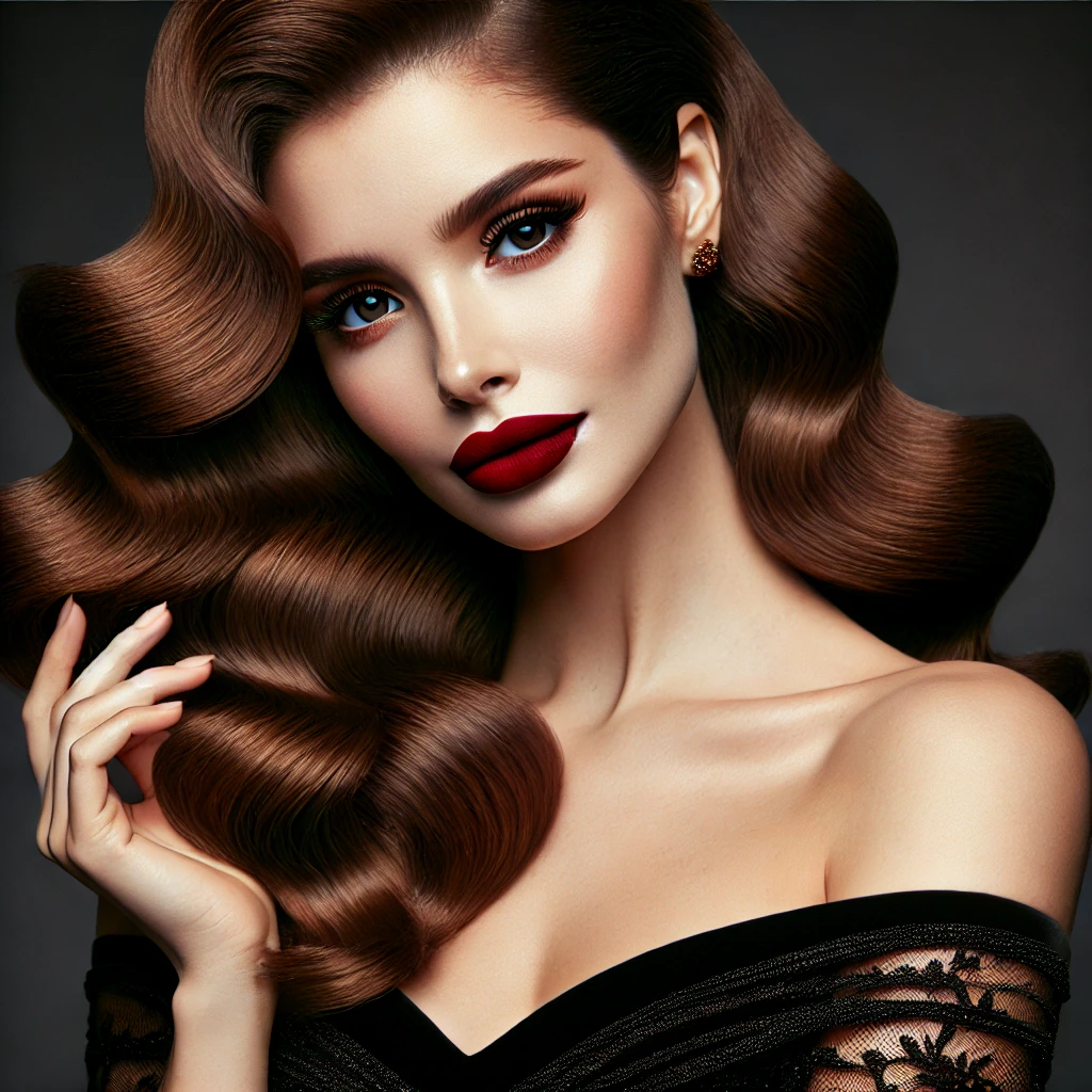 Glamorous vintage waves hairstyle for mother of the bride with rich brunette hair, deep side part, and soft flowing waves, perfect for a formal wedding