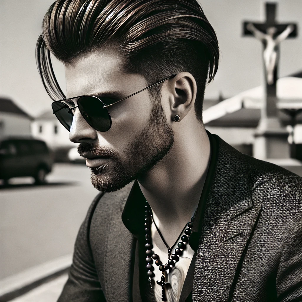 A man with a sharp, medium-length side part hairstyle, wearing sunglasses and a suit jacket, sitting outdoors in a sunny setting, with a well-groomed beard and a rosary necklace.