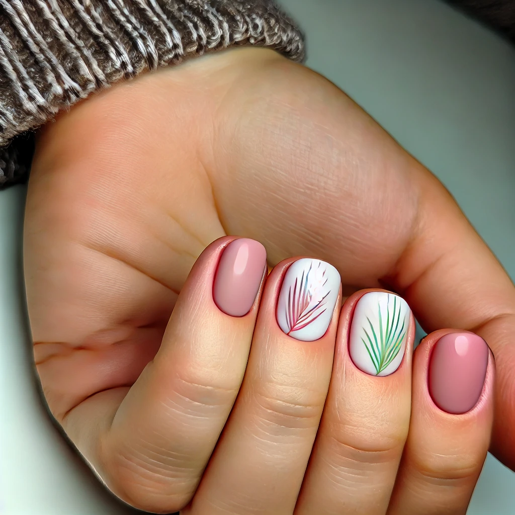 Short nails with minimalist pink and green palm frond design