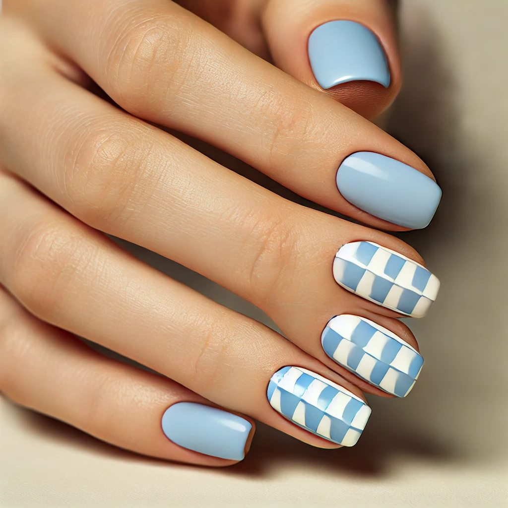 Short nails with pastel blue checkerboard pattern