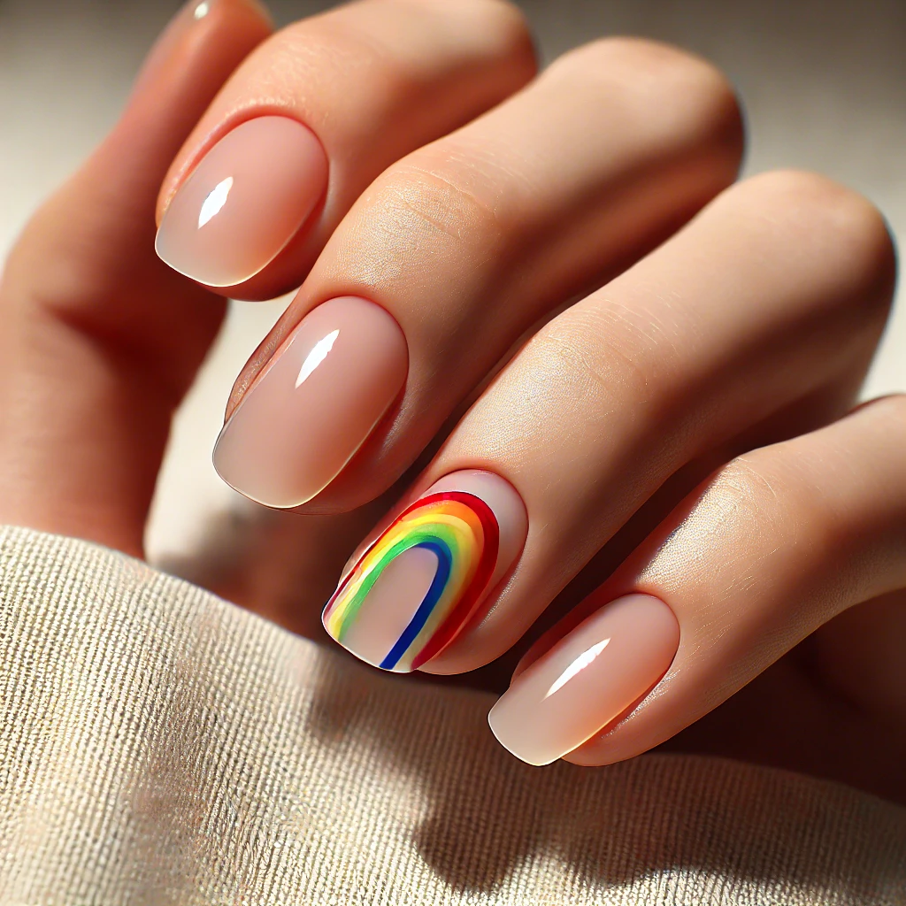 Short nails with rainbow cuticle design in negative space