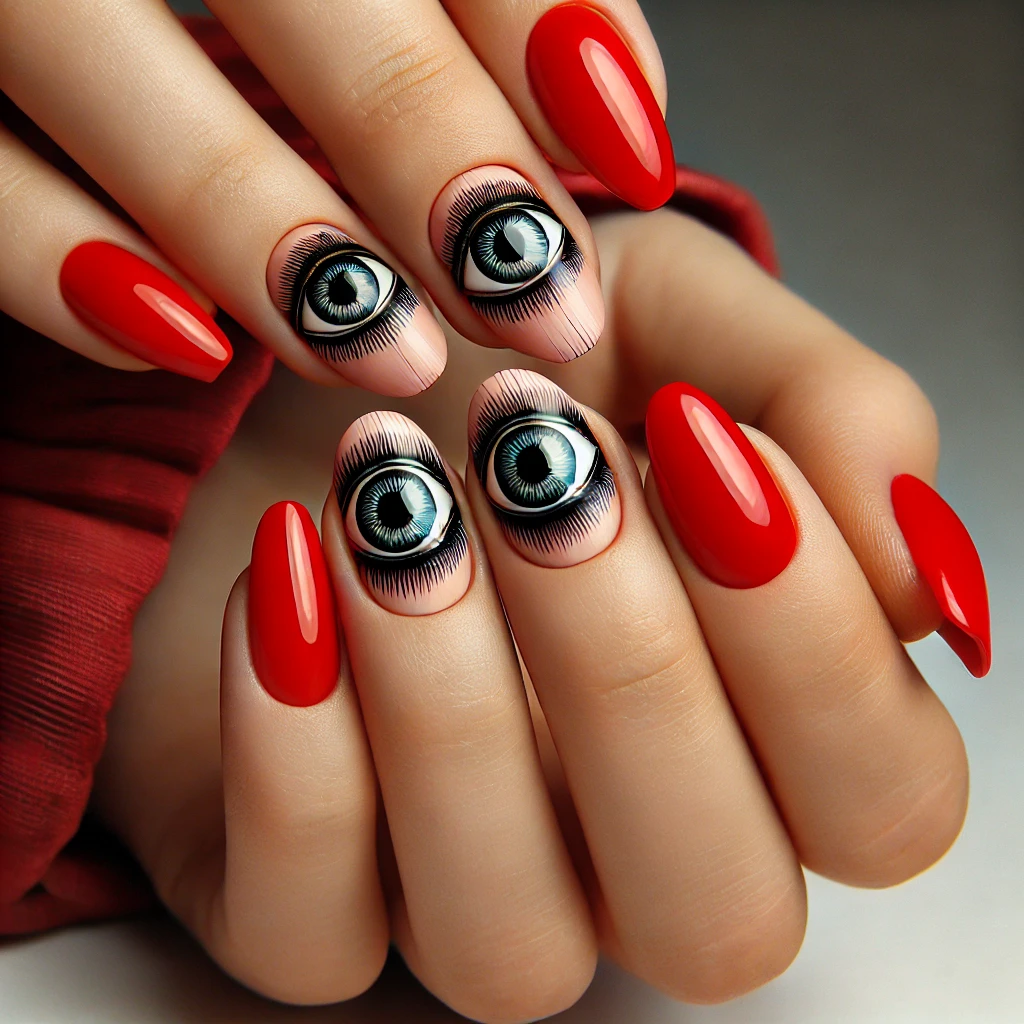 Short nails with a graphic eye design and candy-apple red base