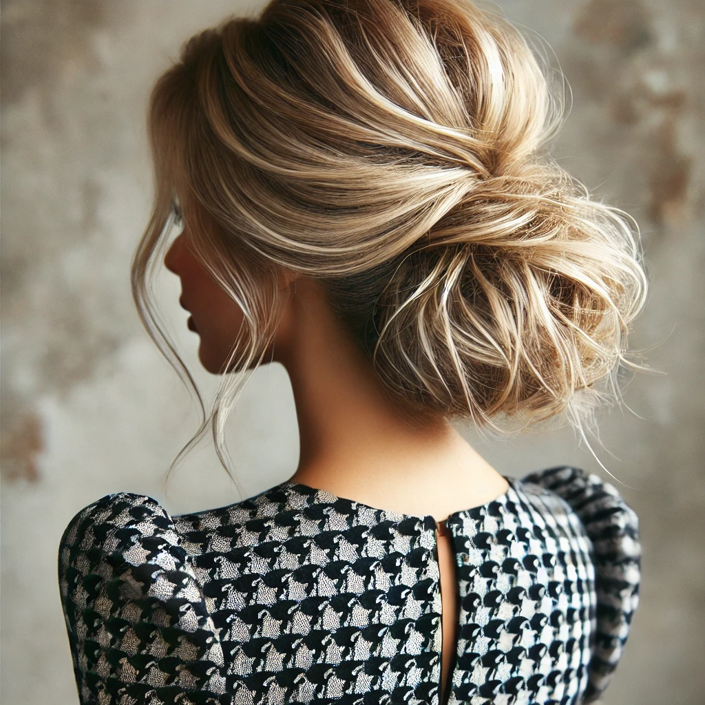 Relaxed textured updo hairstyle for mother of the bride with blonde hair styled into a loose, messy bun, perfect for casual or semi-formal weddings