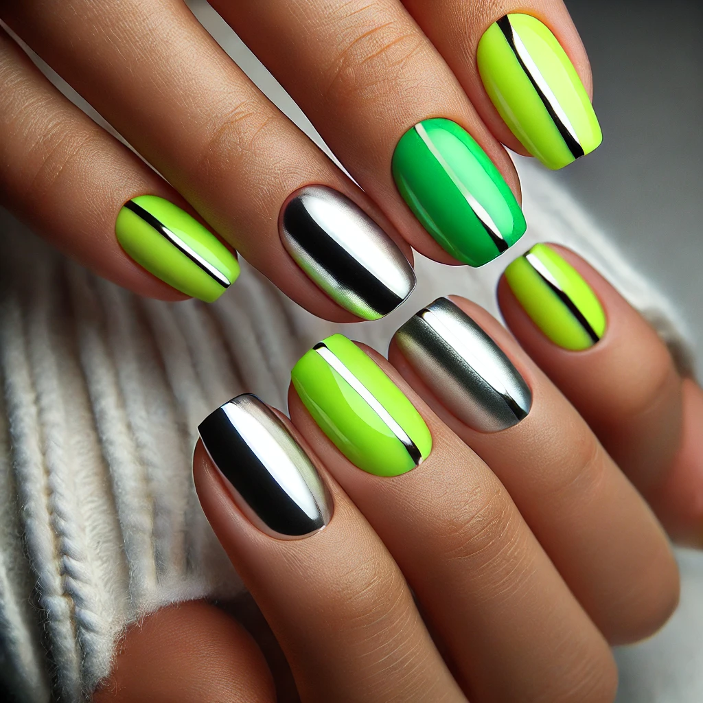 Short nails with two-tone neon green and silver design.