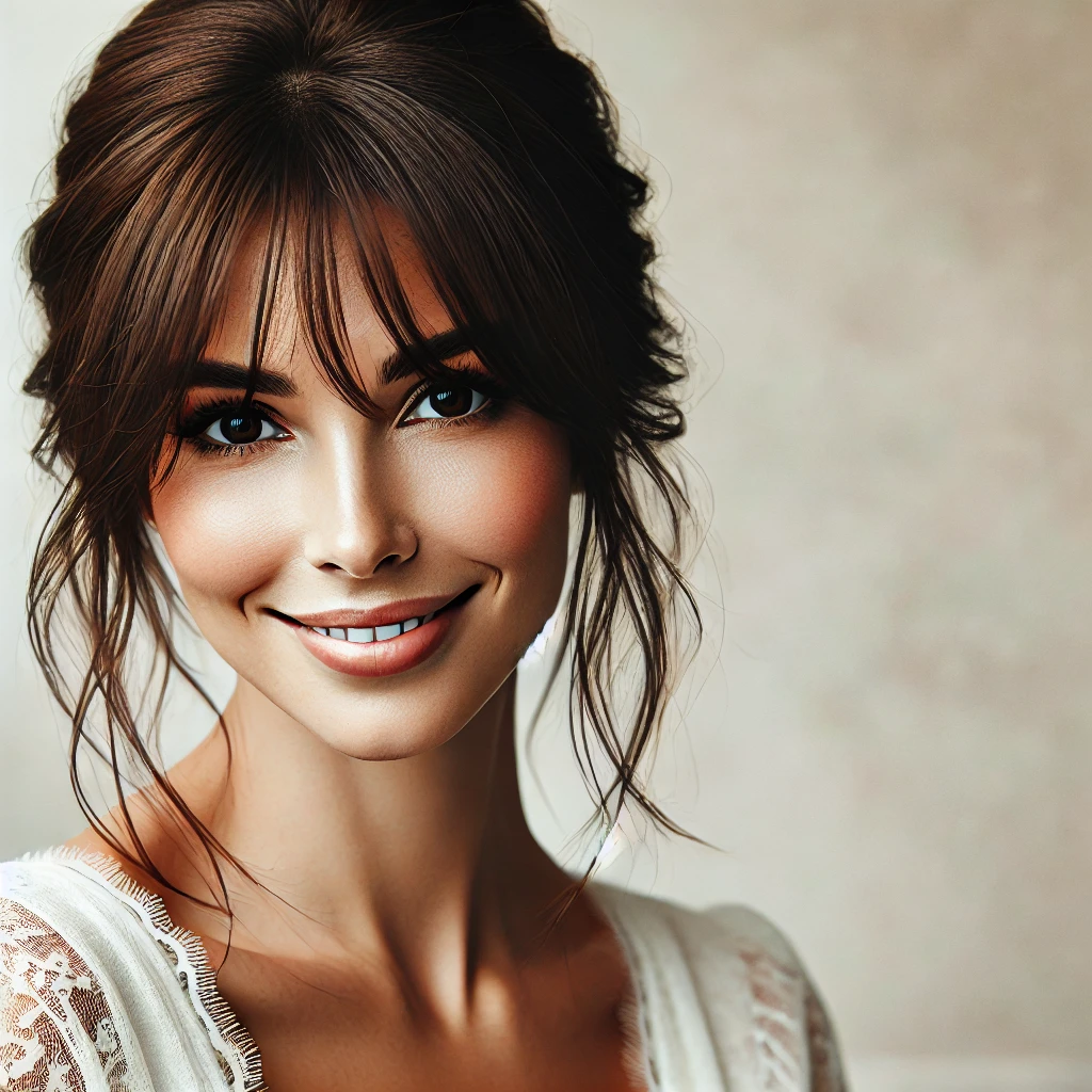 Simple updo with wispy bangs hairstyle for mother of the bride, featuring relaxed dark brown hair and loose strands, perfect for casual weddings