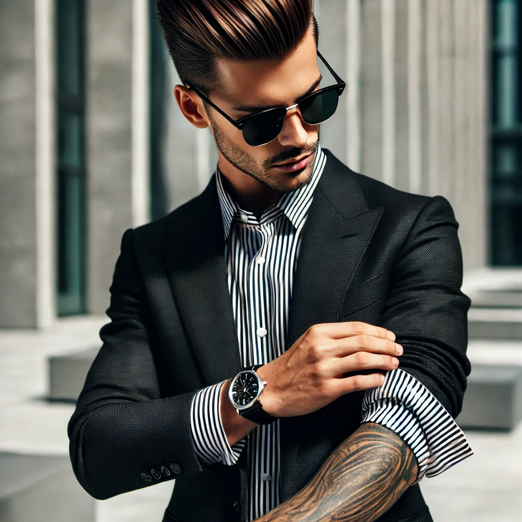 A man with a slicked-back hairstyle, wearing sunglasses, a black suit over a striped shirt, adjusting his sleeve to reveal a tattoo, standing in a modern outdoor setting.