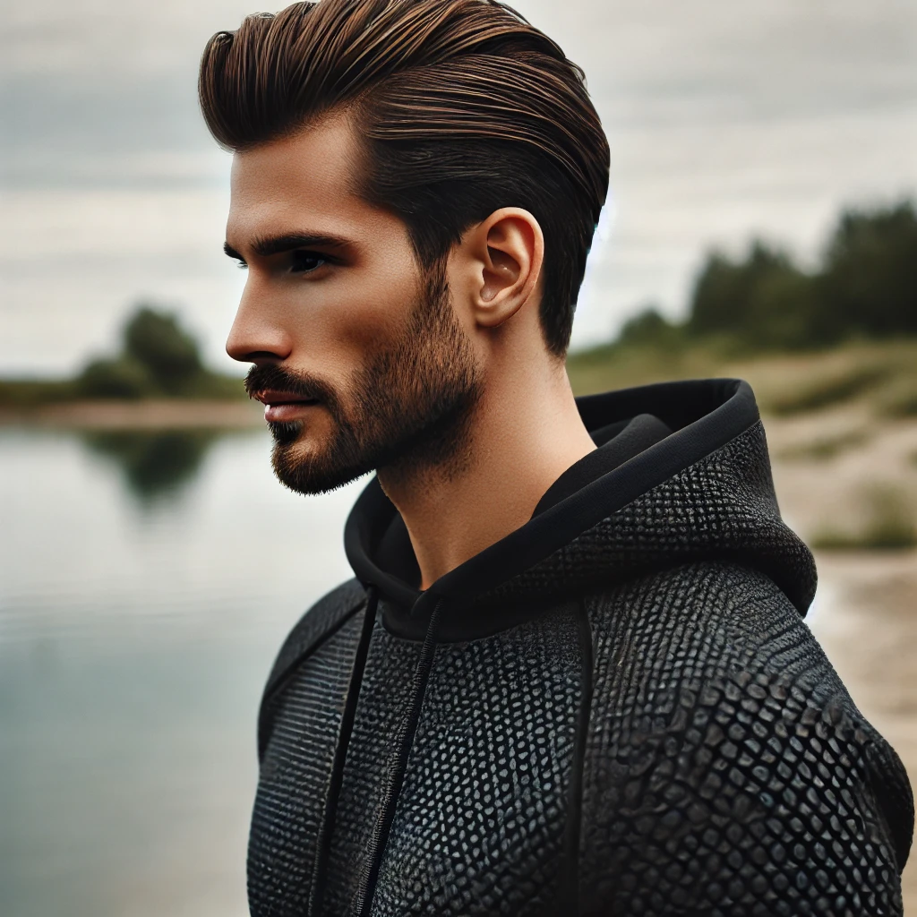 A man with a medium-length slicked back hairstyle and a well-groomed beard, wearing a textured black hoodie and standing near a calm lake with overcast skies.