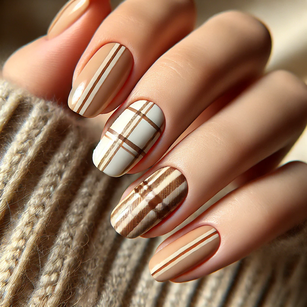 Short nails with a neutral plaid pattern