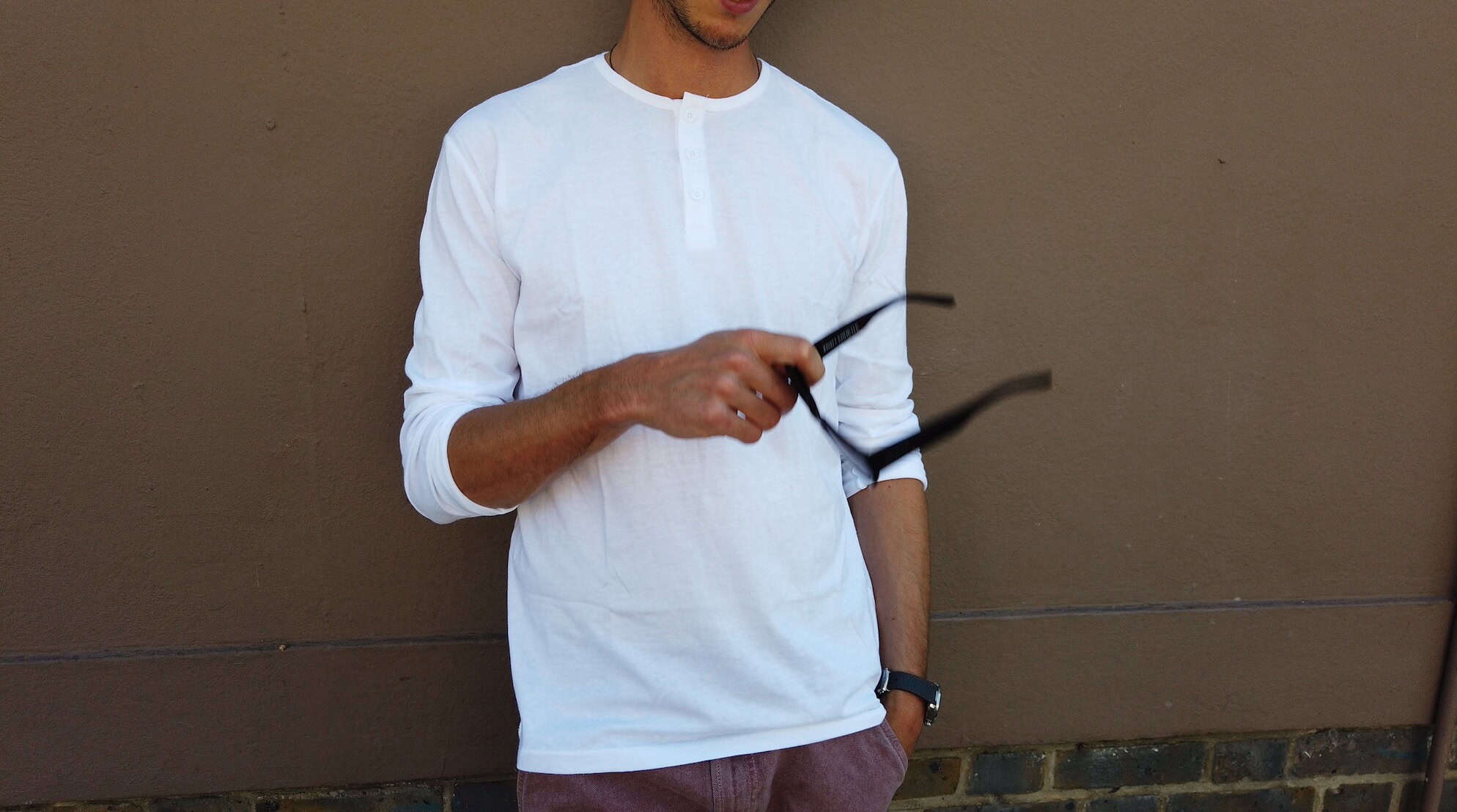 White True Classic Tees Henley shirt worn by a model showing fit and comfort