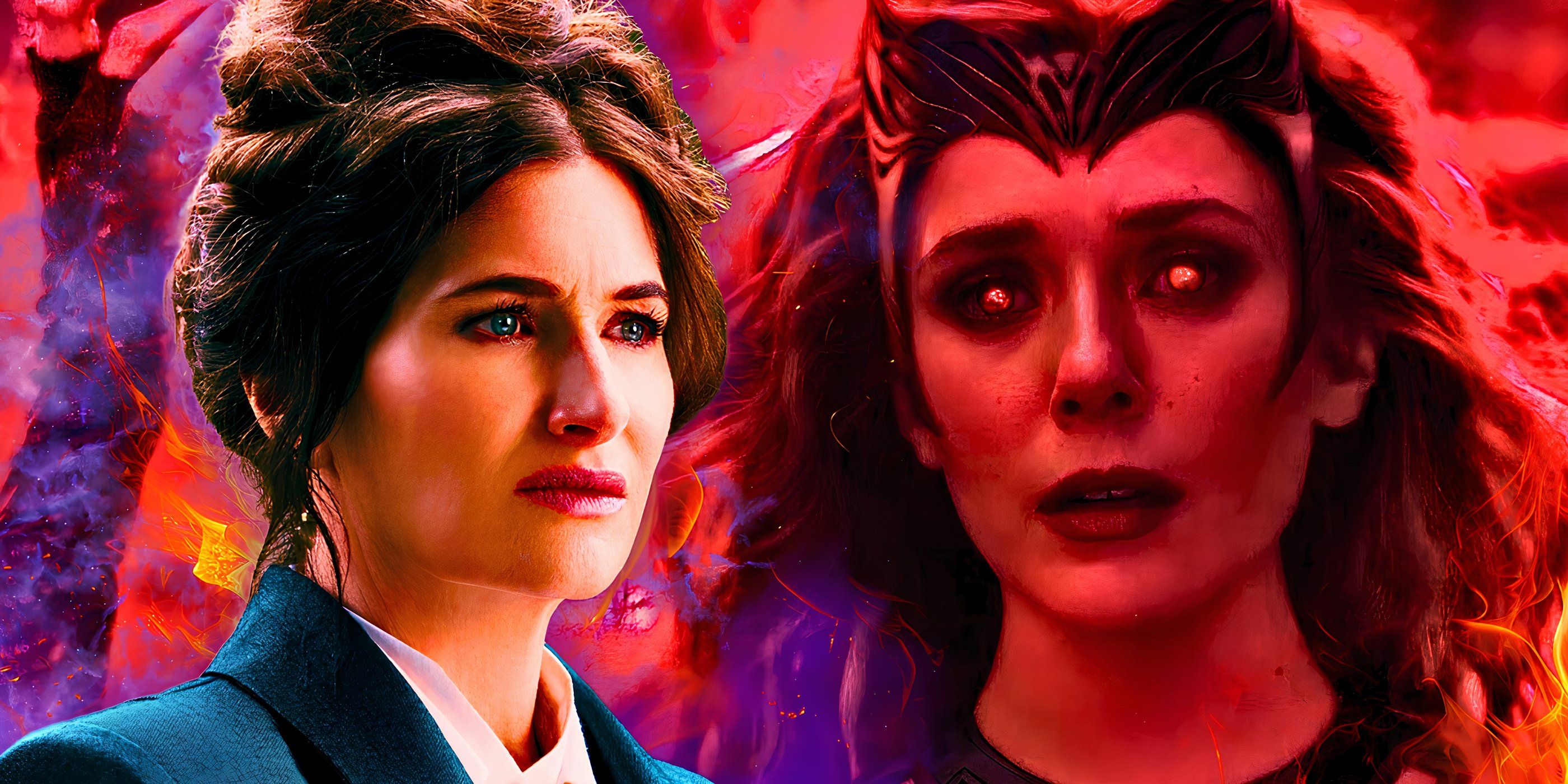 Scarlet Witch in Doctor Strange 2 over an image of Kathryn Hahn in Agatha All Along